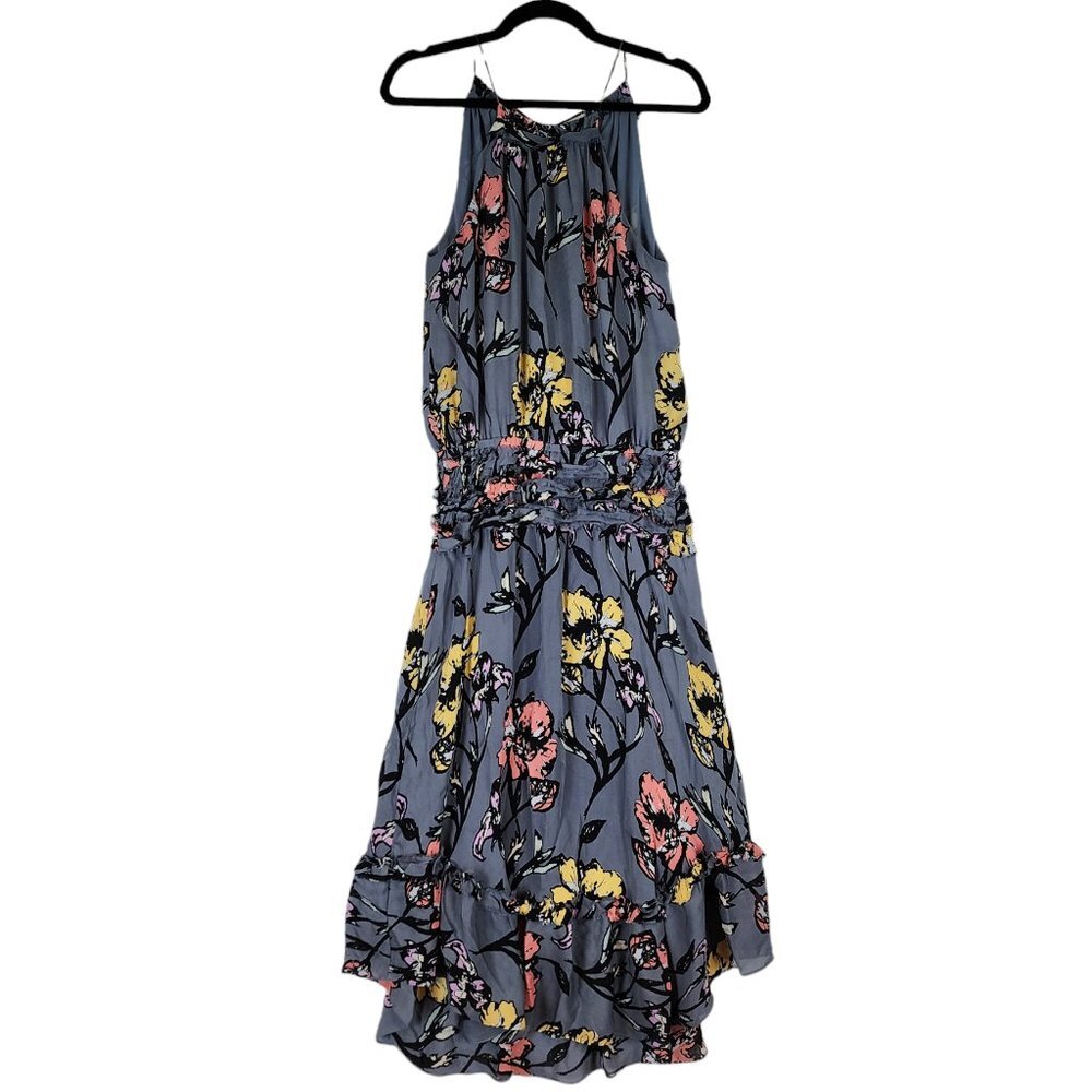 Ramy Brook 100% Silk Blue Floral Midi Dress Halter Tie Tassel Top Designer Dress